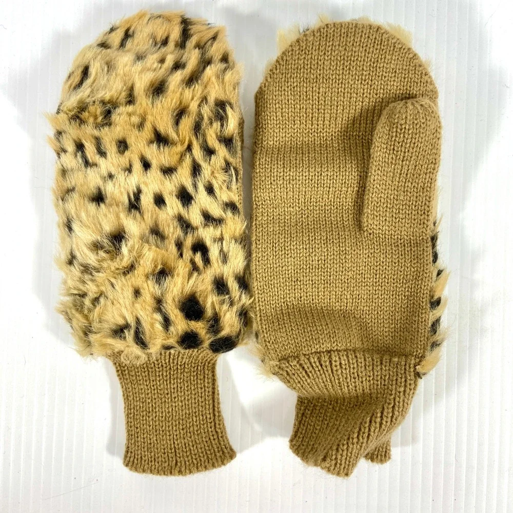 VTG Leopard Print Faux Fur Tan Knit Mittens Gloves Womens‎ One Size